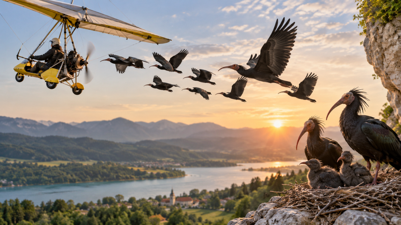 Scientists taught bald ibises migration by microlight; Europe saw its first colony in 400 years