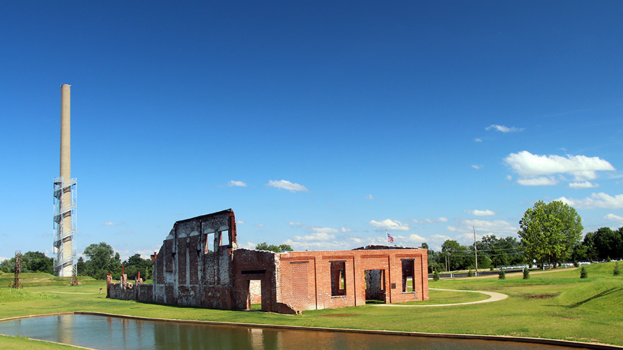 Factory Ruins Become Park: smokestack becomes Rastin Observation Tower; three lakes surround trails