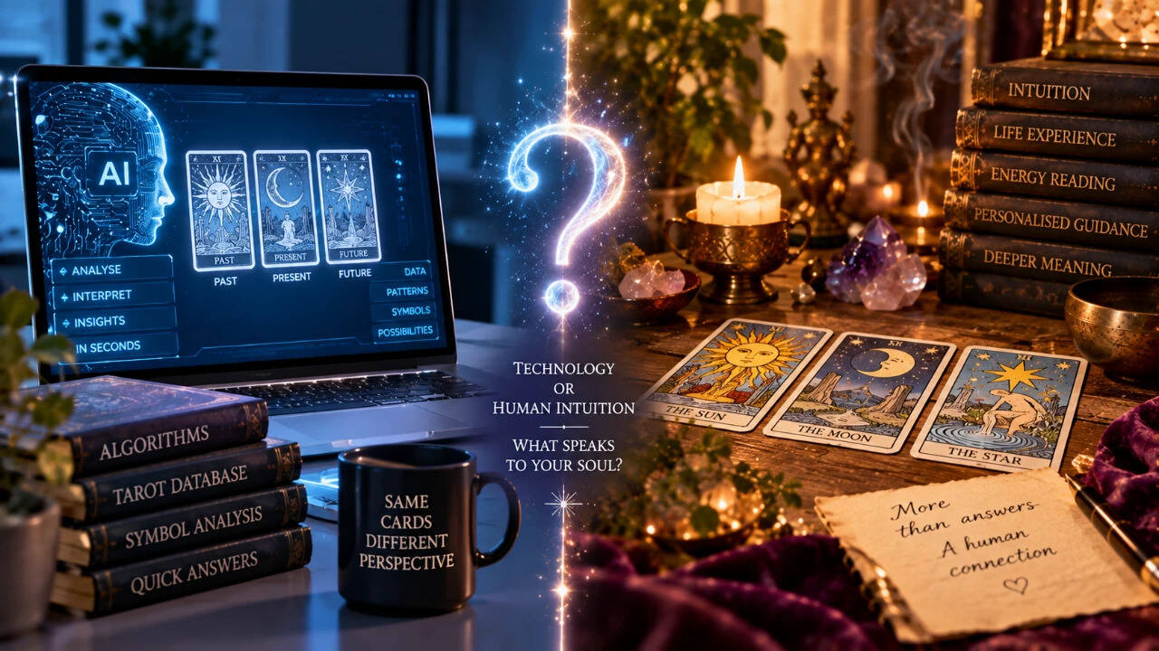 Choose Between AI And Human Tarot: tools explain cards fast; readers add nuance