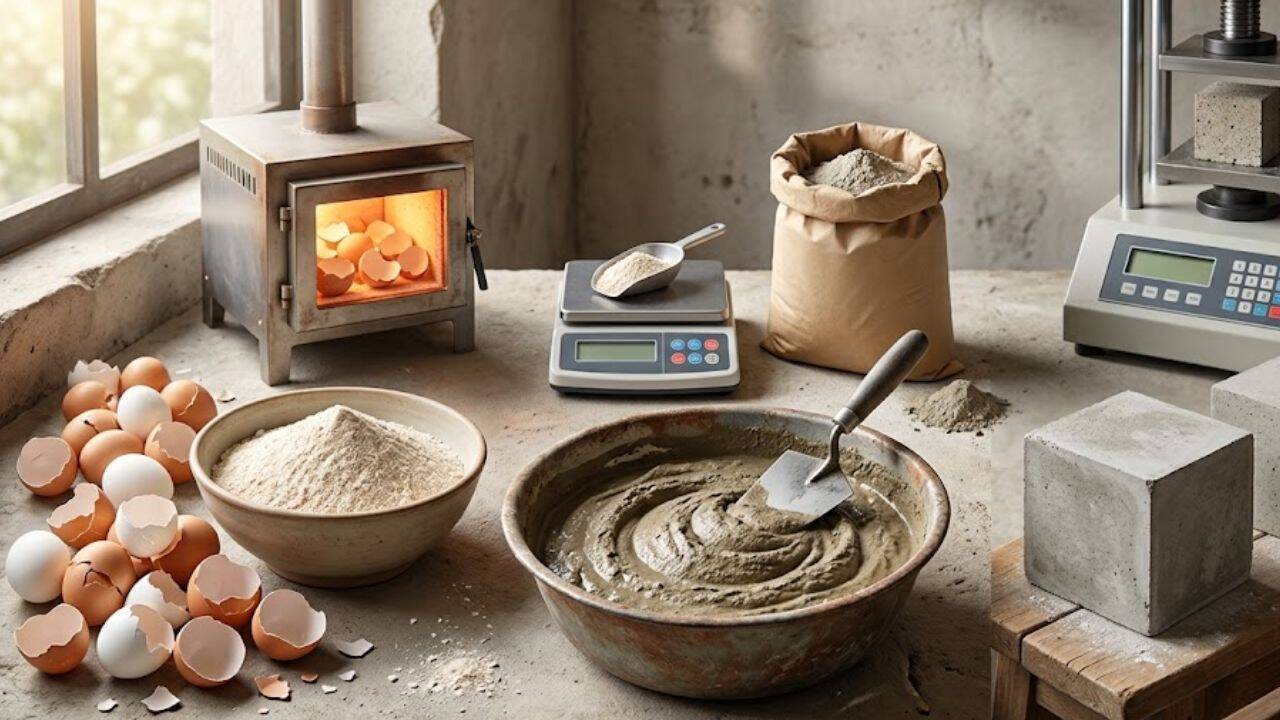 Eggshell powder replaced 10% of cement and strengthened mortar after 28 days