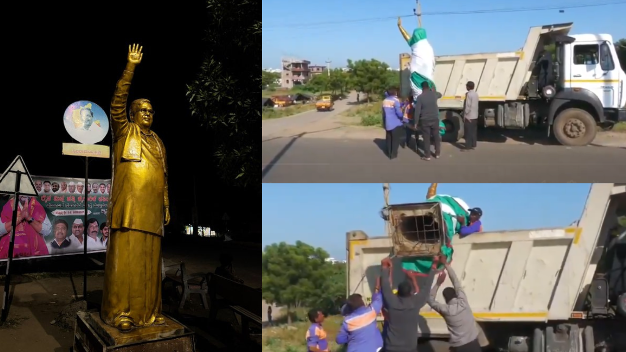 Siddaramaiah statue up overnight, down before DK Shivakumar passes by