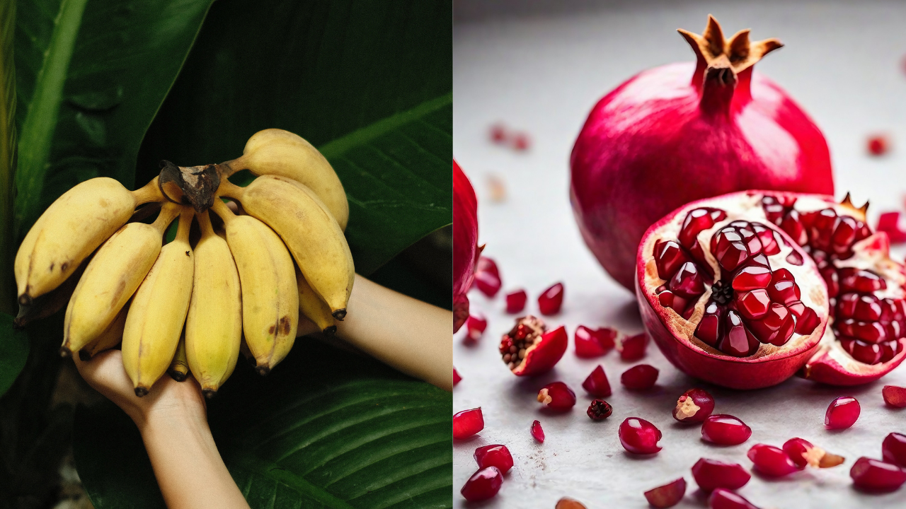 Banana And Pomegranate Nutrients: pomegranate edges iron; banana leads B6 and potassium