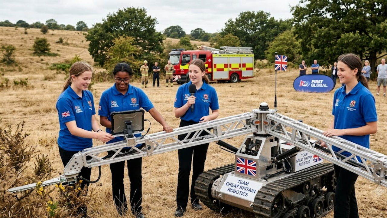 Five British schoolgirls built a robot with folding arms designed to create wildfire firebreaks