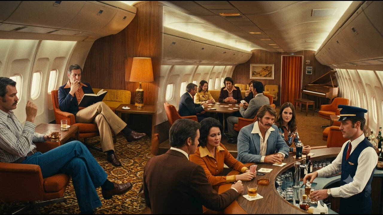 1970s Flying Freedoms: Smoky cabins and piano bars recalled; comforts contrast with today