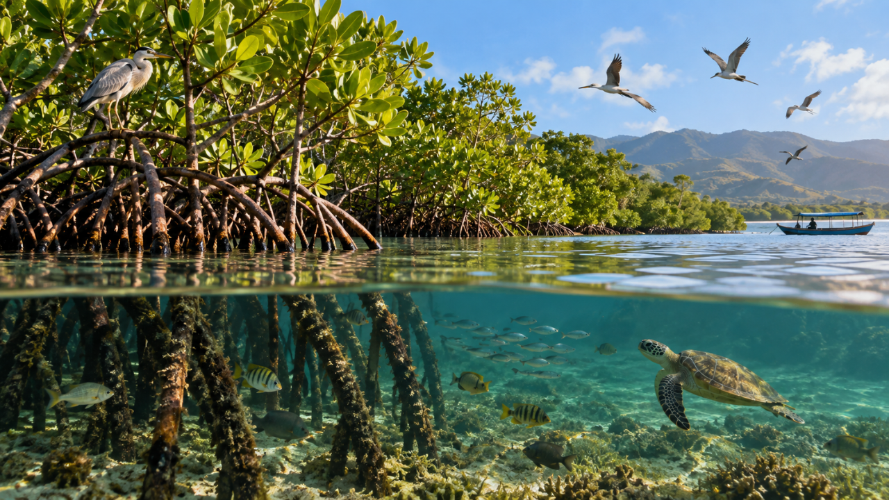 Flores mangrove restoration supported 10 faunal species and stored 70 Mg of CO2 over 10 years.