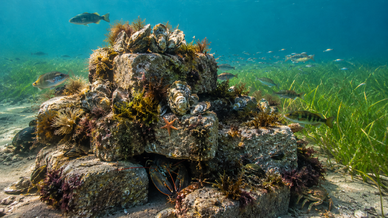 In 2021, researchers began placing concrete-block oyster reefs on Prince Edward Island; biomass rose 45-fold