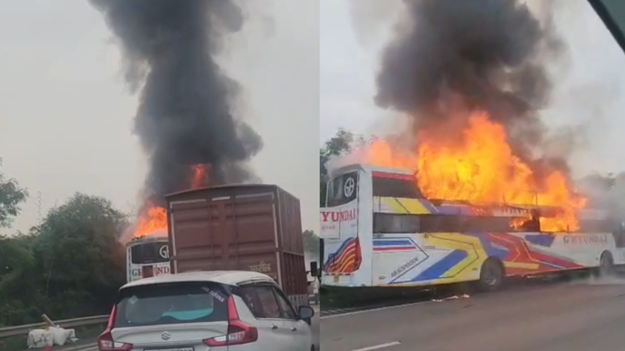 Double-decker tourist bus catches fire on Mumbai-Pune Expressway