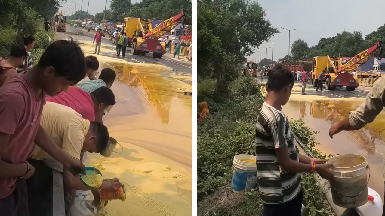 UP tanker overturns, locals rush with buckets to collect ghee