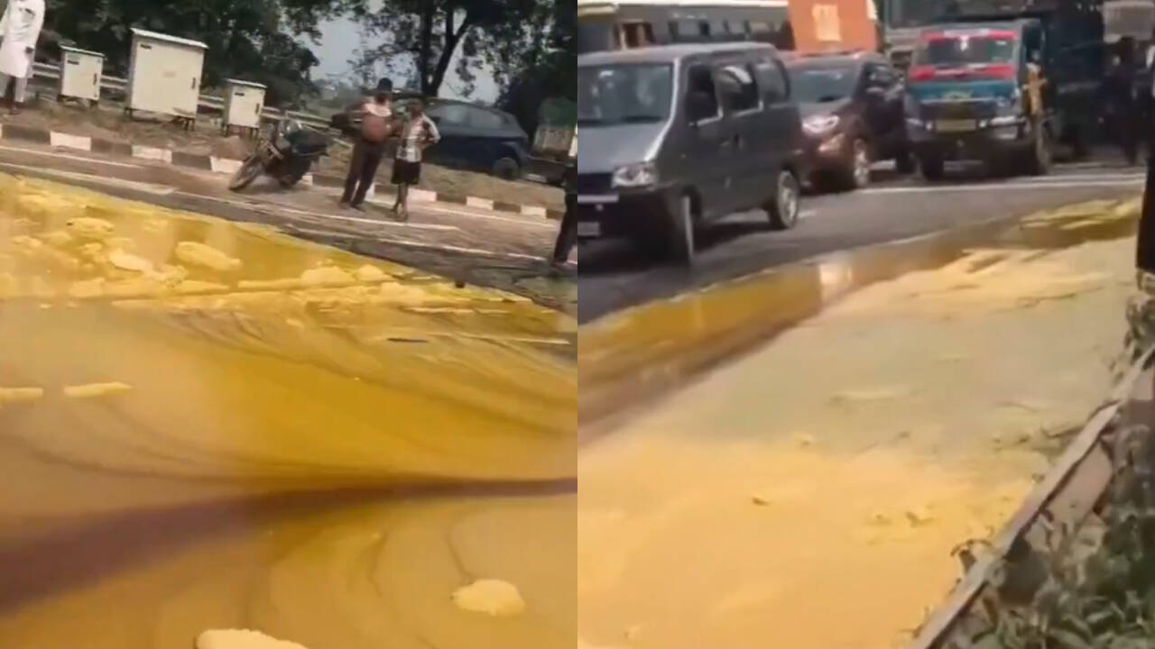 Truck carrying desi ghee overturns in UP, locals rush to collect what spilled on the road