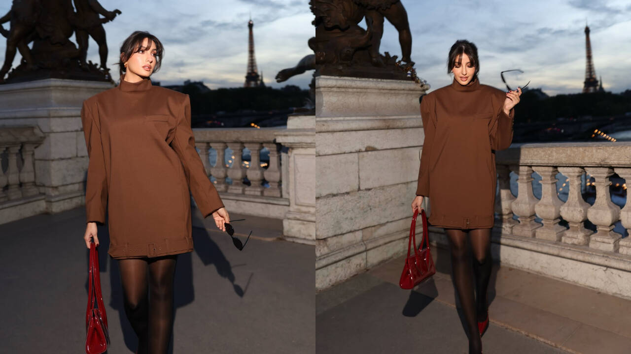 Nora Fatehi goes full Mugler in brown and red at Paris Fashion Week 2026