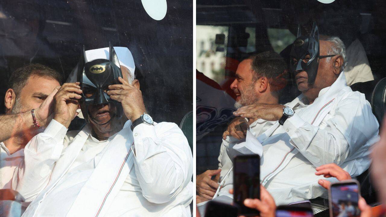 Congress chief Kharge dons Batman mask during march to SC