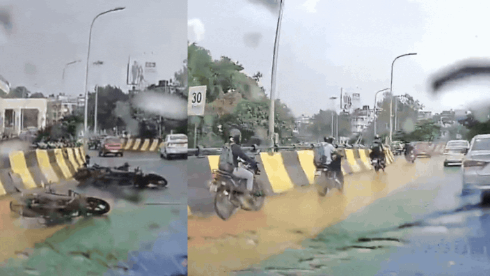 Watch: Bikers skid on Kolkata’s rainbow-painted flyover after rain ahead of Durga Puja