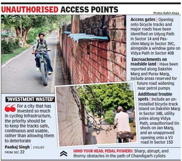 Parked cars barriers, leaning poles sentries on Chandigarh’s bicycle tracks.