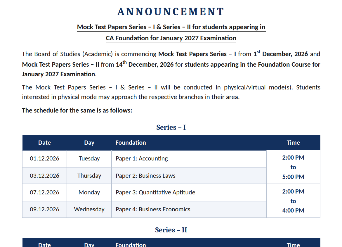 ICAI announces CA Foundation January 2027 mock test series 1, 2 dates; check full schedule