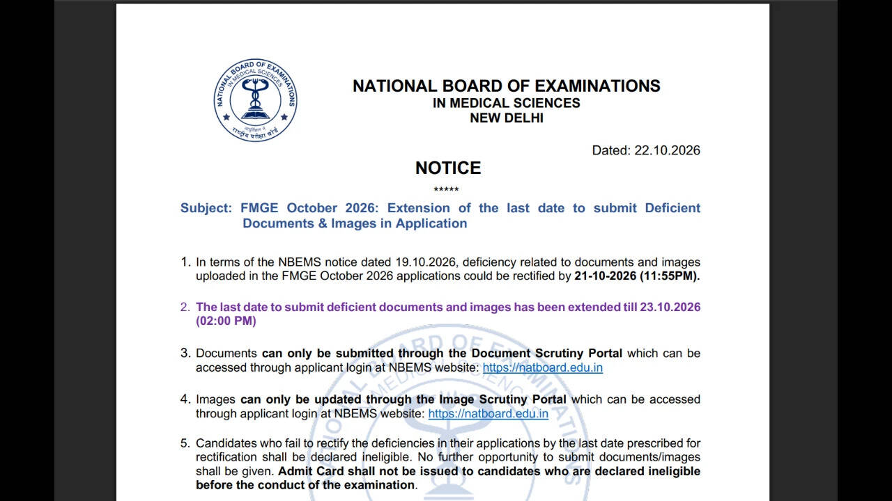 FMGE 2026 application correction deadline extended till October 23; admit card on October 27: Check complete details here