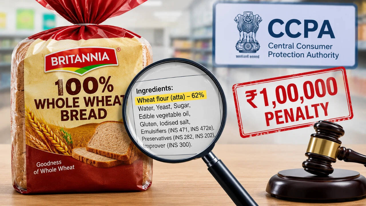 Britannia called its bread as ‘100% Whole Wheat’, but atta made up only 62% of the product; CCPA calls the claim misleading, fines company Rs 1 lakh and orders it to withdraw the advertisement across print, electronic and social media within 15 days