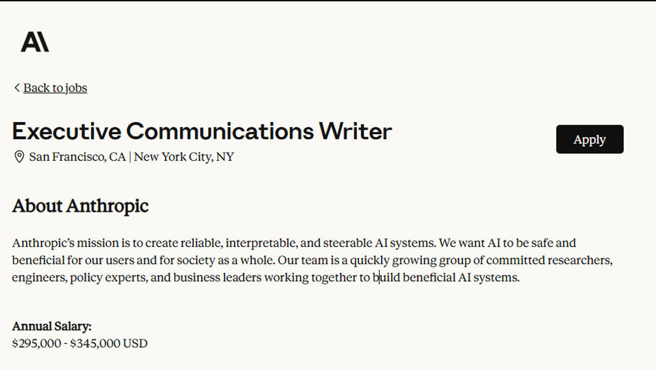 Anthropic Offers Rs 3.25 Crore Salary for Executive Communications Writer
