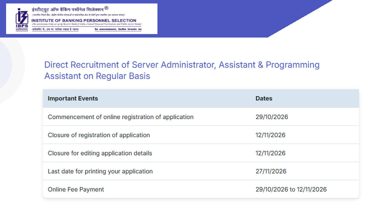 IBPS recruitment 2026: Applications open for server administrator, assistant and programming assistant posts