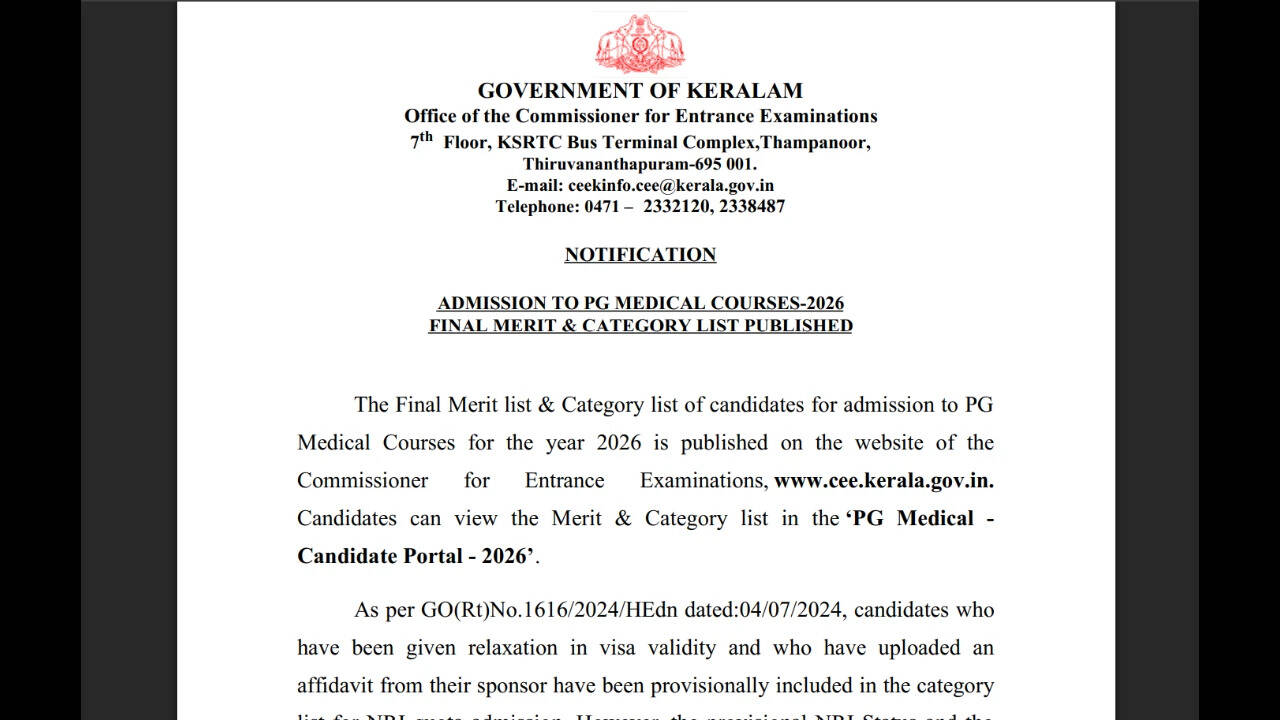 Kerala NEET PG 2026: CEE releases final merit list and category list; check details here