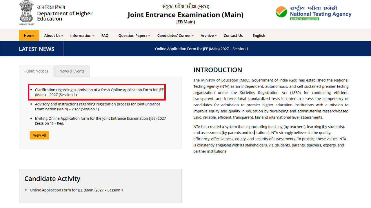JEE Main 2027: Made a mistake in Session 1 application? NTA allows fresh forms, check deadline