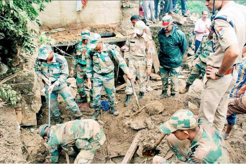Army troops carry out rescue and relief works in the villages affected by cloudbursts in Chamoli and Pithoragarh districts of Uttarakhand on Saturday. (PTI photo)