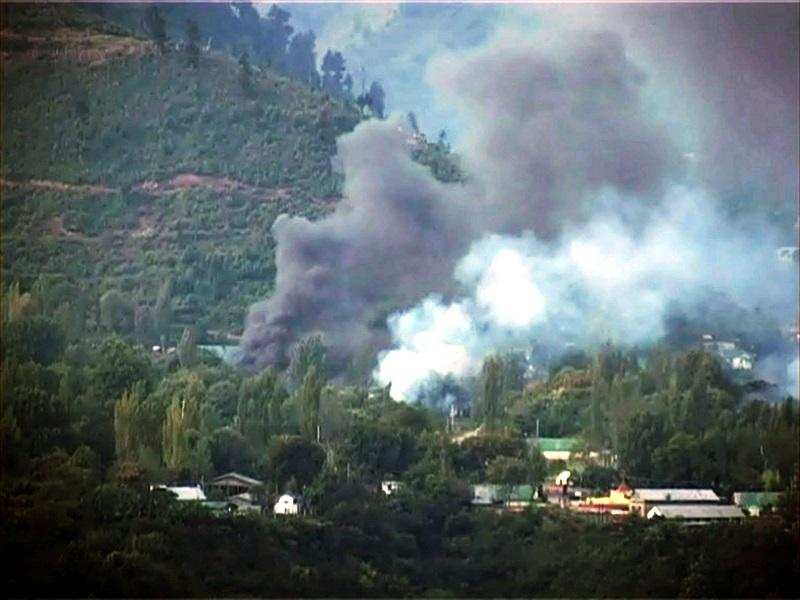 Black smoke coming out of army barracks at the Brigade which was attacked by four terrorists near LoC in Uri in Kashmir's Baramulla district.