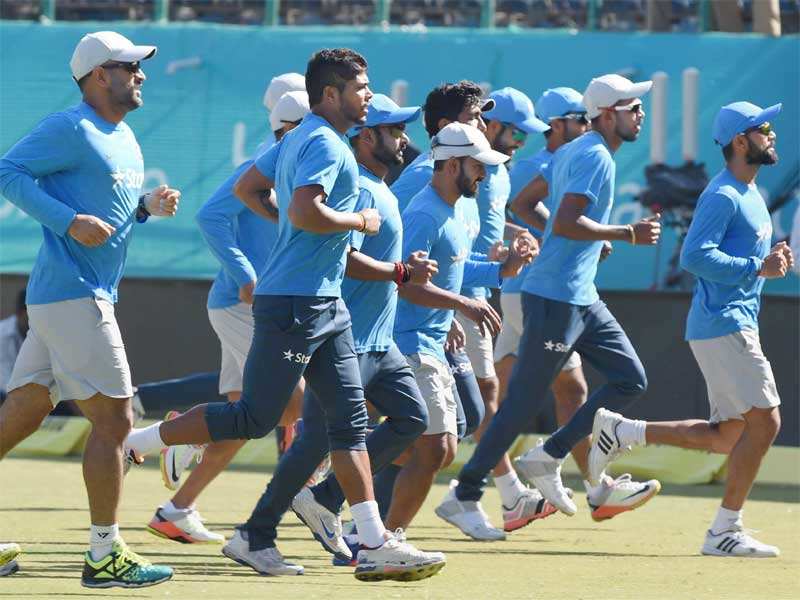 <p>Indian players warm up during a training session in Dharamshala. India and New Zealand will play their first One-day on Sunday. <o:p></o:p>(PTI Photo)</p>