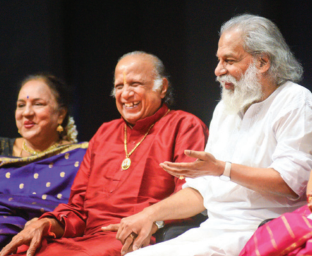 (From left) Charumathi Ramachandran, Trissur V Ramachandran and KJ Yesudas at a tribute concert on G N Balasubramaniam’s birth anniversary.