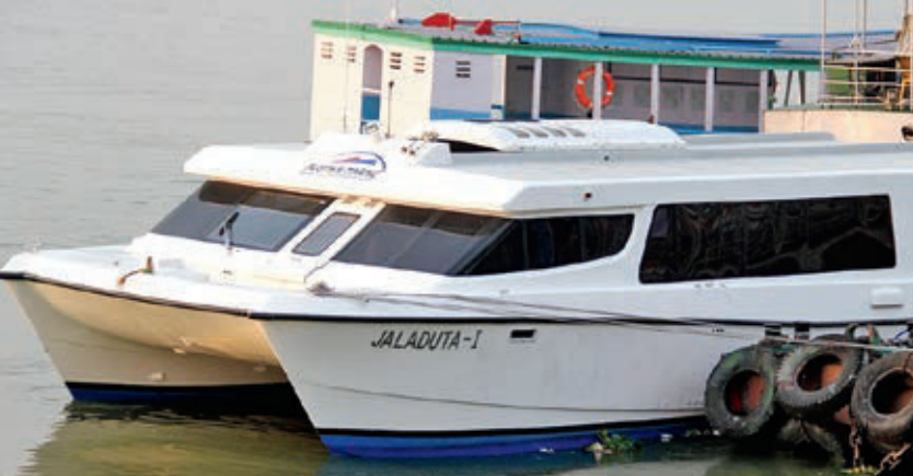 The Jaladuta-I moored at the Millennium Park jetty on Sunday. Another catamaran, the M V Rishi Aurobindo (Silverjet), used to ply between Kolkata and Haldia about 20 years ago. It is now in Haldia