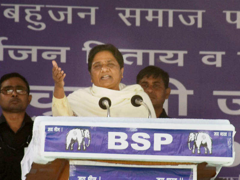 BSP chief Mayawati addresses an election rally in Faizabad on Wednesday. (PTI photo)