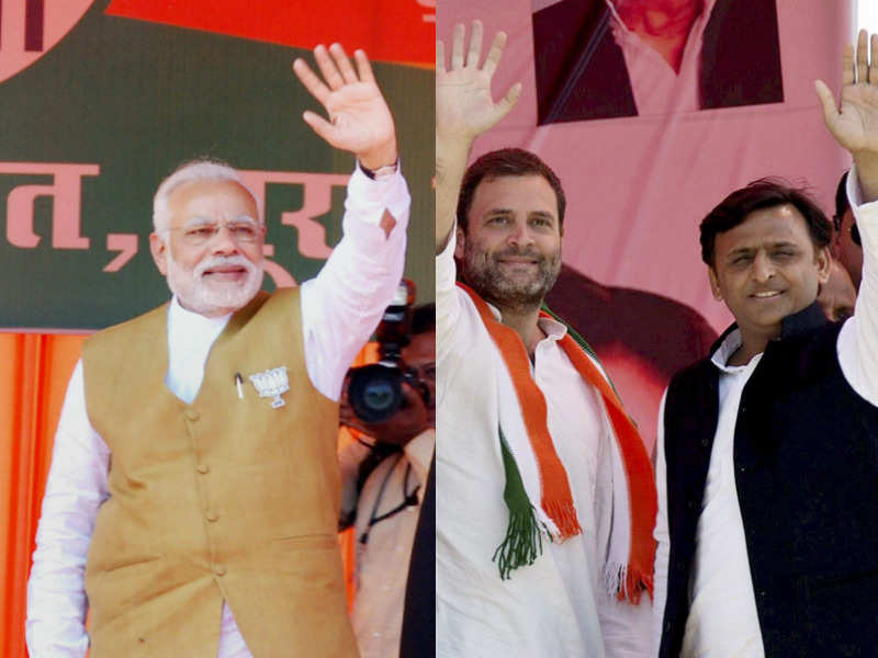 File photo of PM Modi campaigning for assembly polls; Rahul-Akhilesh (R) during a road show in UP