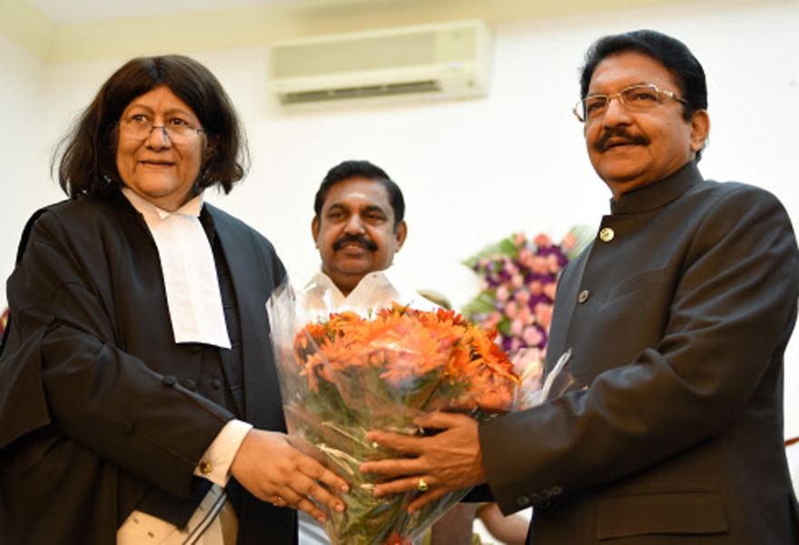 The newly appointed Chief Justice of Madras High Court, Justice Indira Banerjee being greeted by the TN Governor Vidyasagar Rao at Raj Bhavan in Chennai.