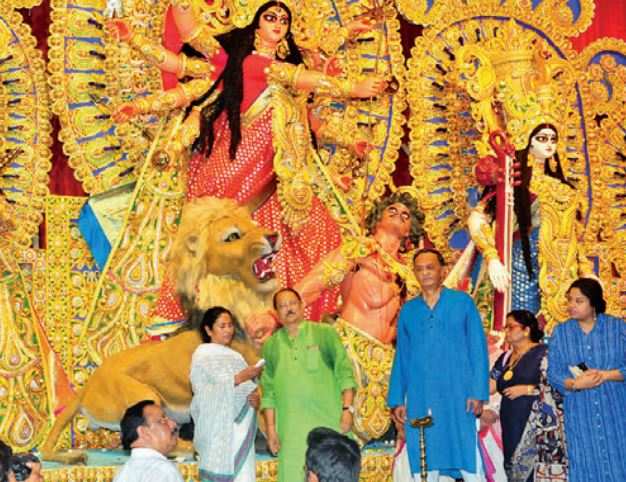 Mamata Banerjee at the inauguration of Ekdalia Evergreen Durga Puja on Thursday.