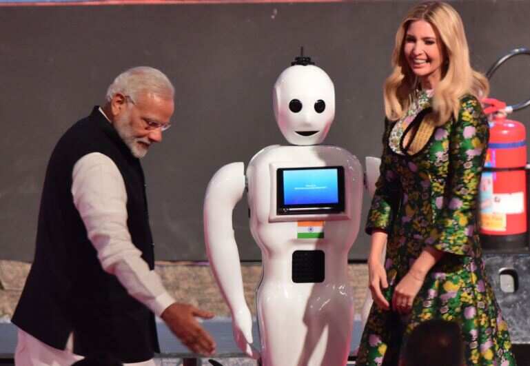 Image result for robot mitra welcomes ivanka
