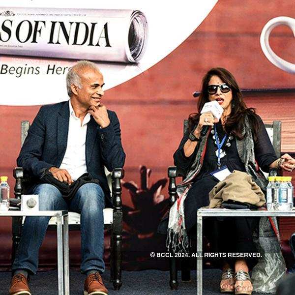 Manu Joseph looks on as Shobhaa De speaks during the Write India session on Day 1 of Times Litfest Delhi 2017, held at the India Habitat Centre, in New Delhi, on November 25, 2017.