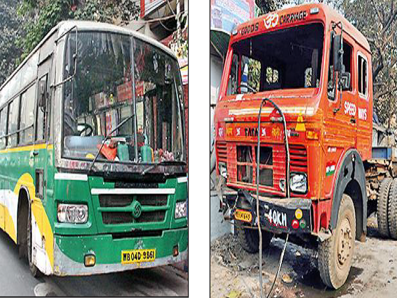 The bus that hit the pilgrim near Raj Bhavan and (right) the trailer involved in the West Port accident on Saturday