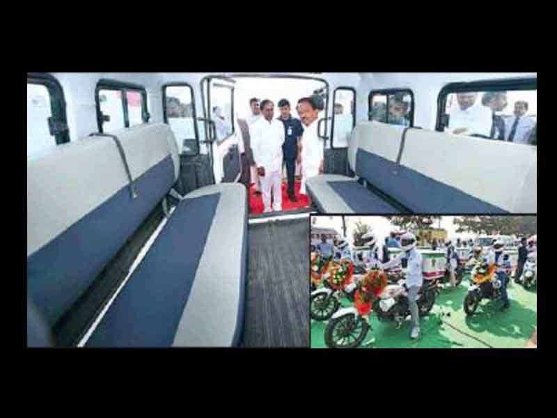 CM K Chandrashekar Rao inspects the new vehicle before flagging them off on Necklace Road on Wednesday.