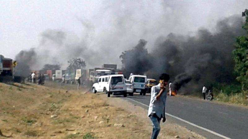 Vehicle movement was badly hit on Mundra-Mandvi Road after protesters burnt tyres on the highway on Sunday