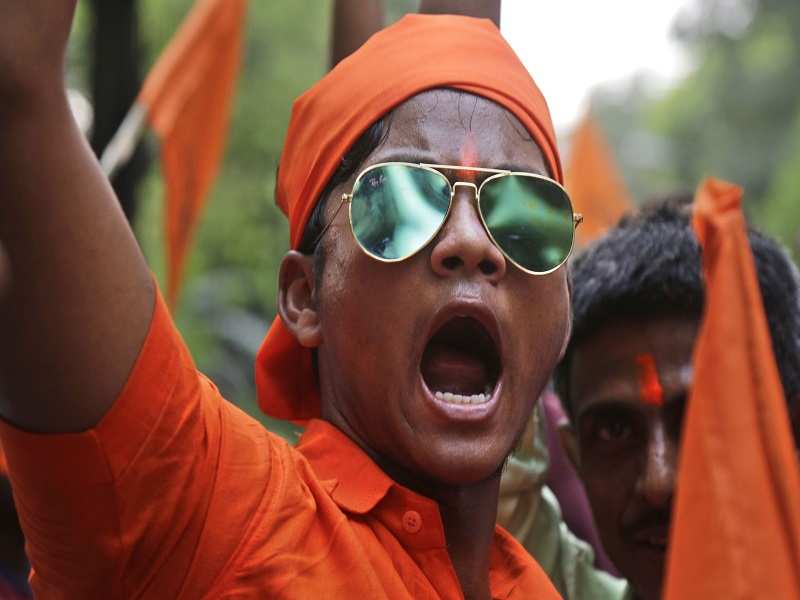 A BJP worker shouts slogans as he participates in a  Ram Navami procession in Kolkata (AP)