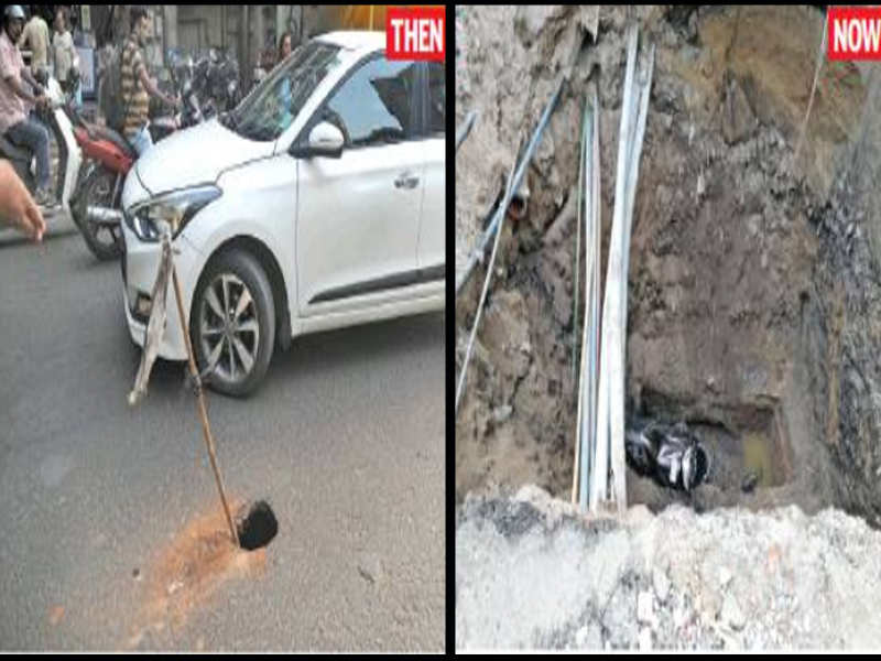 The hole on the road near Gujarat Sahitya Parishad(L) grew into a massive cave-in causing