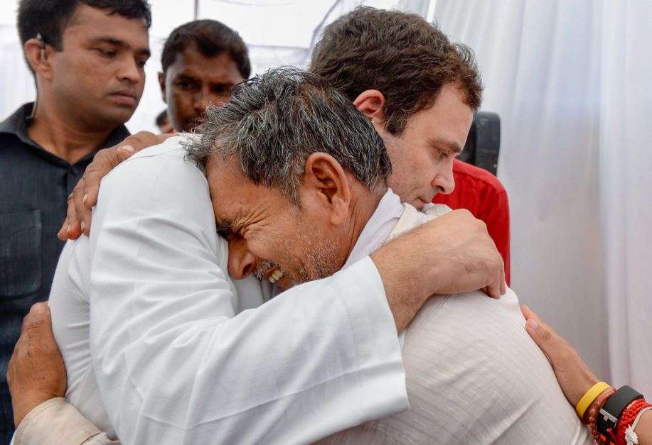 Rahul Gandhi consoles family member of a farmer who was killed in the 2017 Mandsaur agitation. (PTI photo)