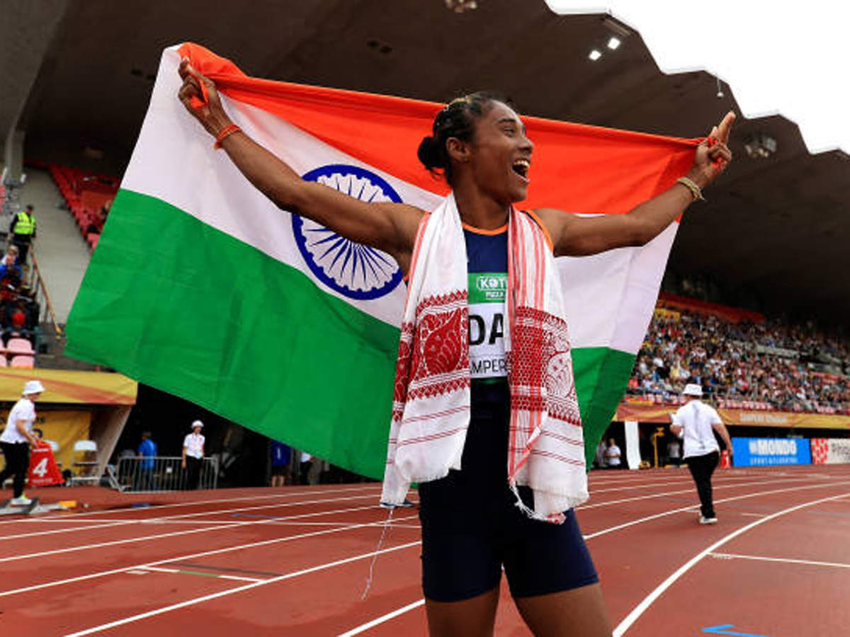 Hima Das celebrates winning gold in the final of the women's 400m at the IAAF World U-20 Championships. (Getty Images)