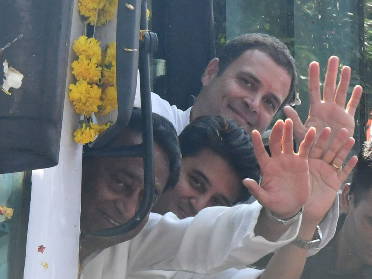 Congress President Rahul Gandhi being welcomed during his Road Show in Bhopal.