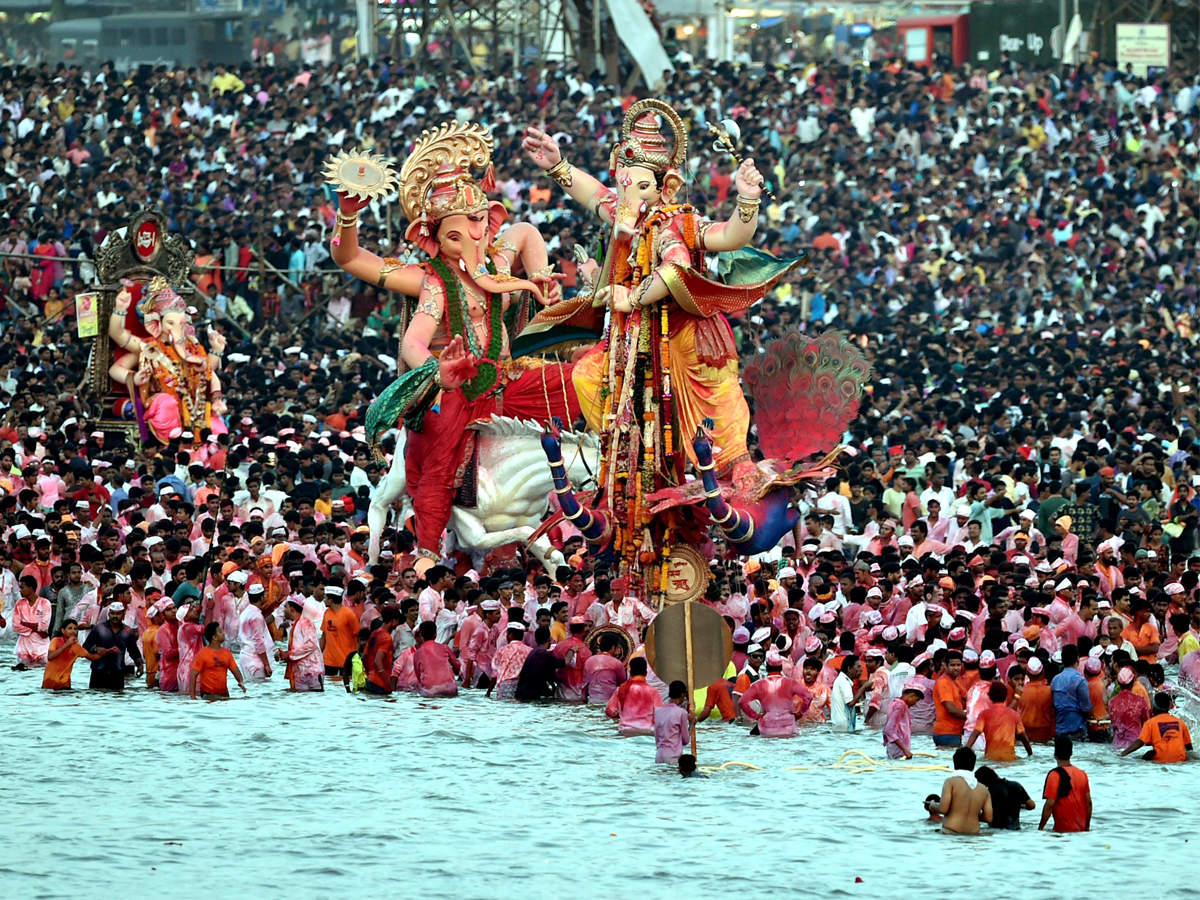 Devotees bid adieu to Lord Ganesha on the last day of immersions on Sunday.