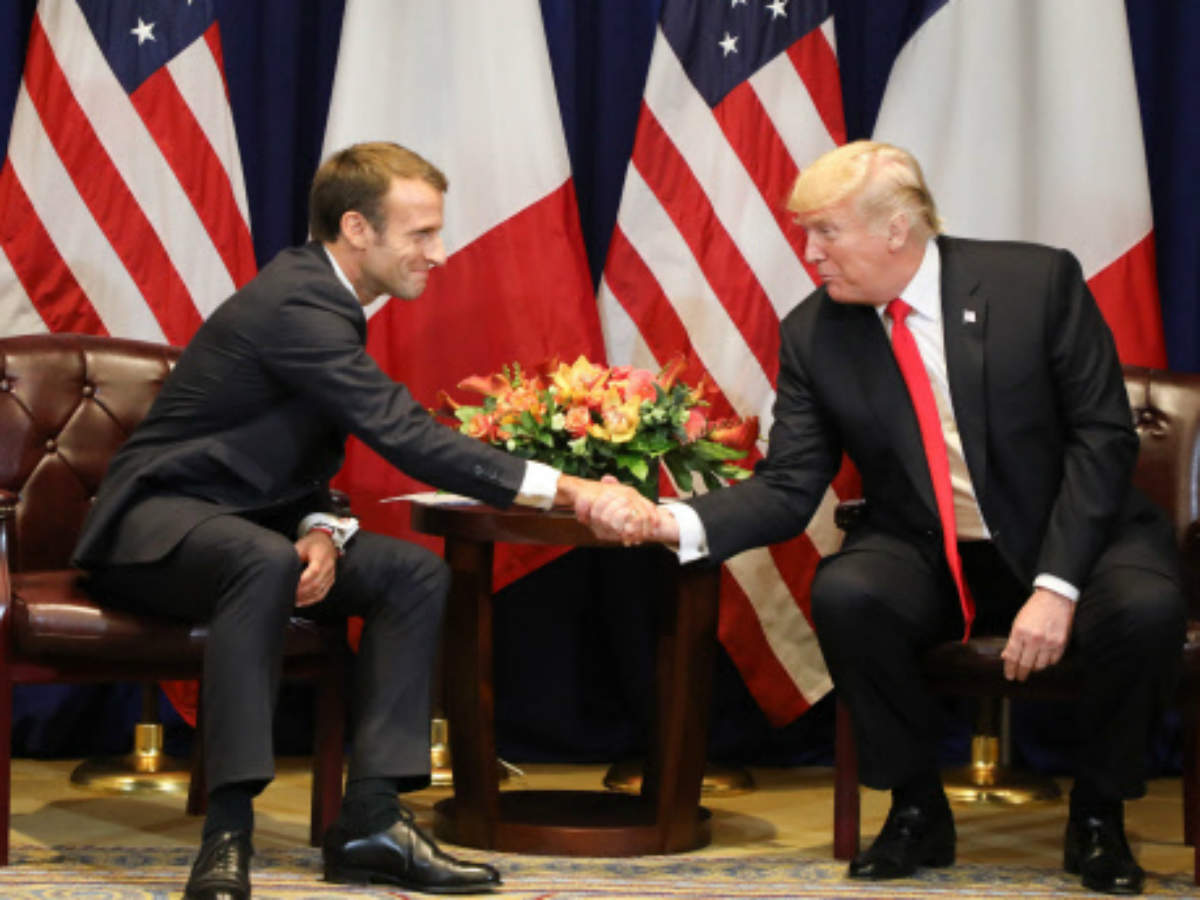 French president Emmanuel Macron  with US president Donald Trump at the start of a bilateral meeting in New York. (AFP) 