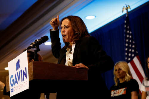 US Senator Kamala Harris gestures at a campaign rally for Democratic congressional candidate Katie Porter in Irvine, California