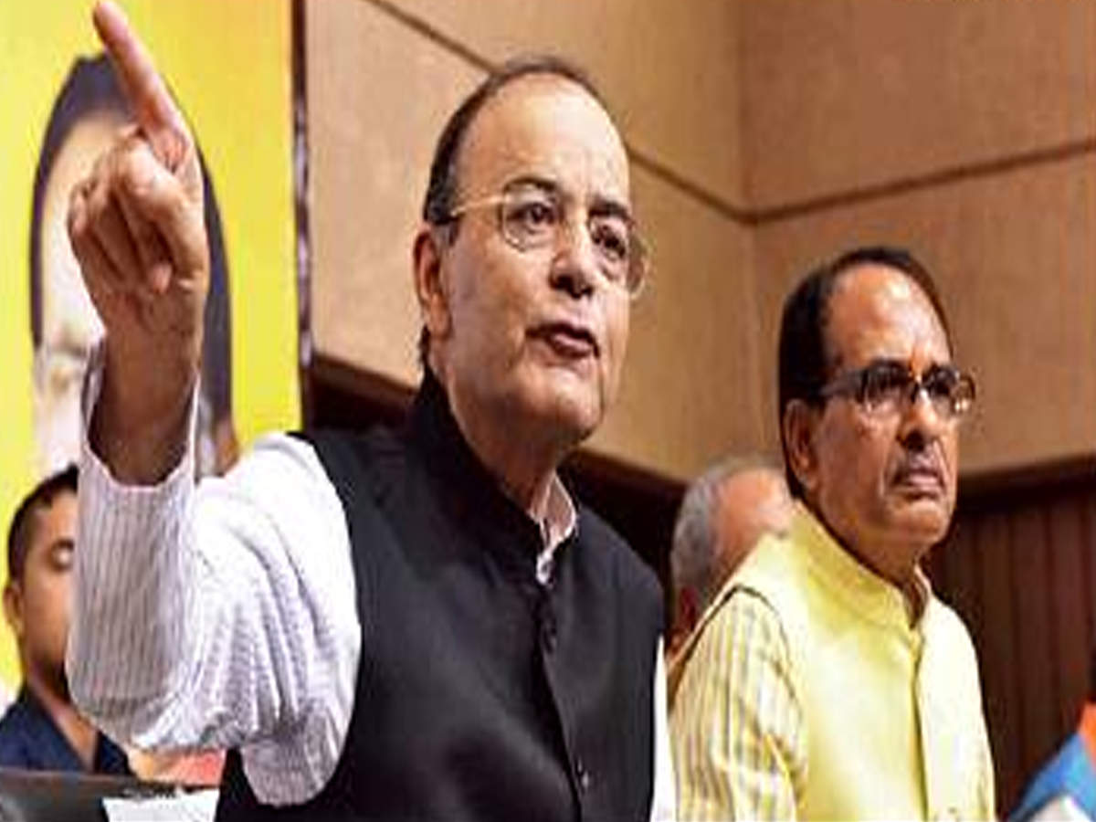 Finance minister Arun Jaitley with chief minister Shivraj Singh Chouhan at the BJP HQ in Bhopal on Saturday