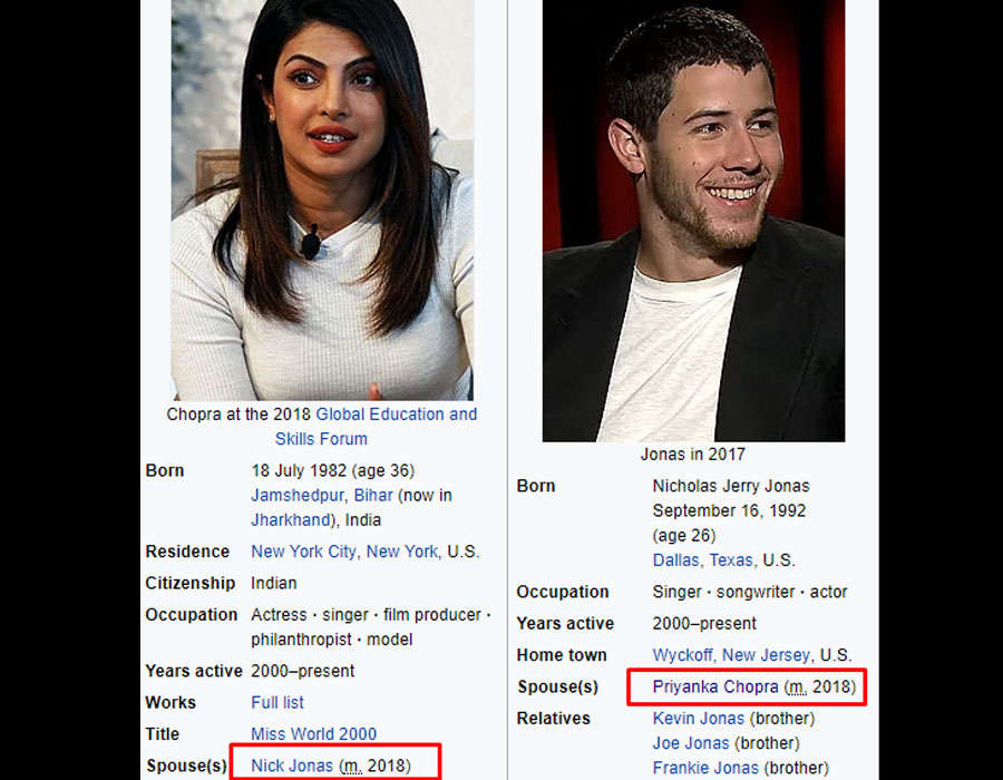 You Wouldn T Want To Miss The Updated Wiki Bios Of Priyanka Chopra And Nick Jonas Hindi Movie News Times Of India