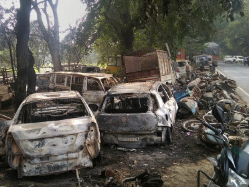 The charred vehicles which were set on fire by a mob in Monday's violent clashes over the alleged illegal slaughter of cattle
