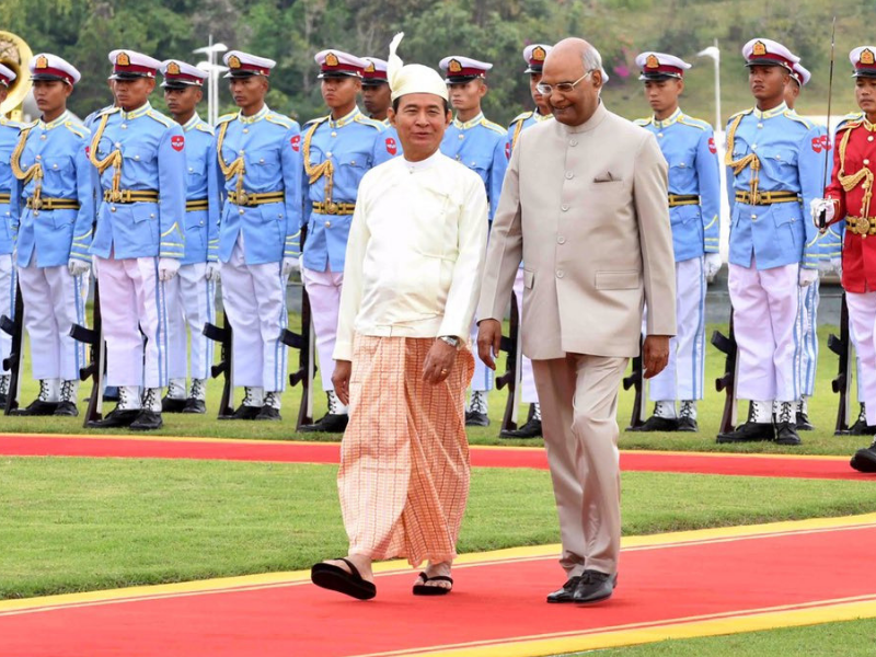 President Kovind accorded a ceremonial welcome by President U Win Myint at the Presidential Palace in Nay Pyi Taw, Myanmar (Image via Twitter)